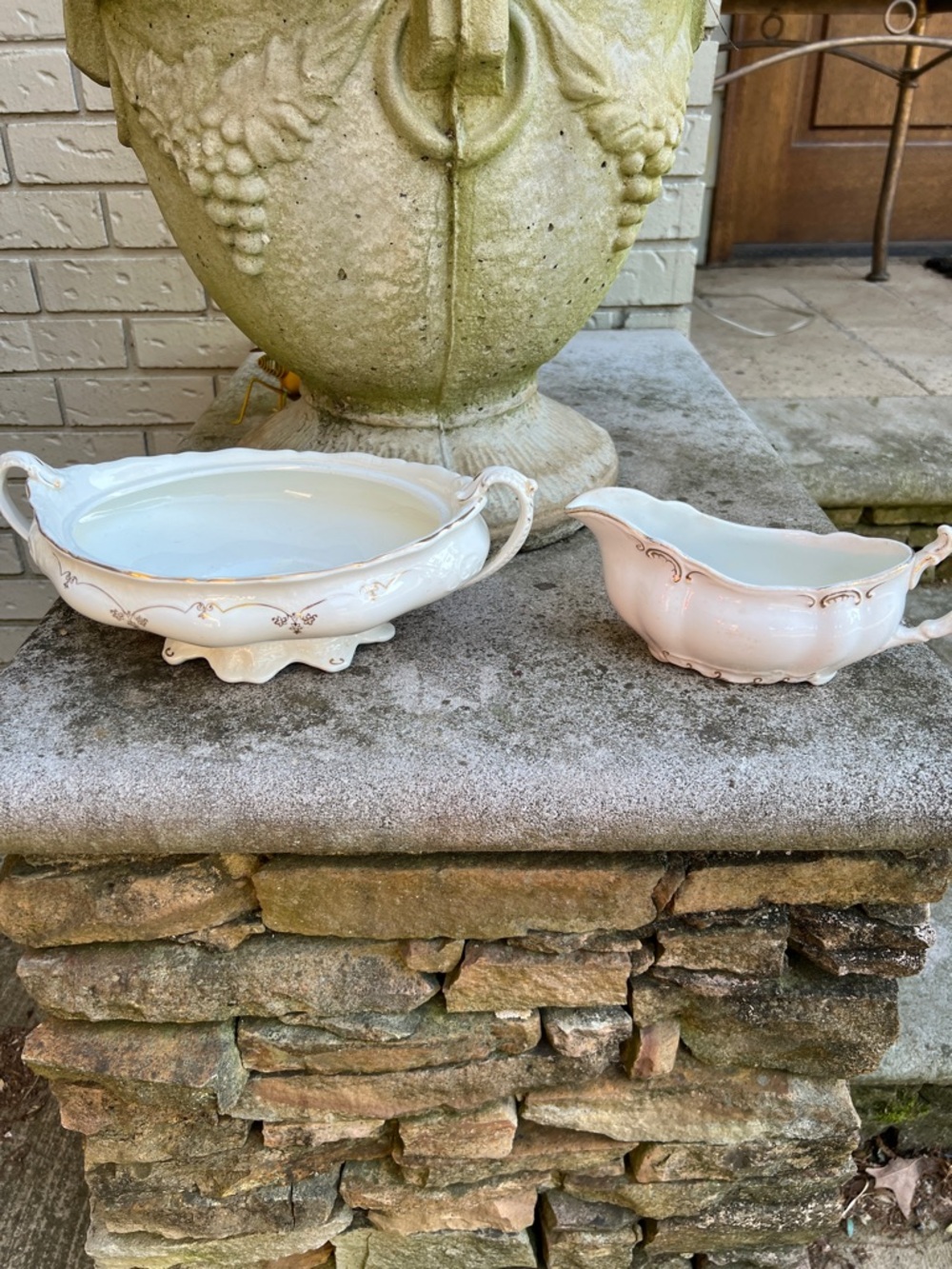 Antique Vintage White Gold-Trim Porcelain Serving Bowl and Gravy Boat